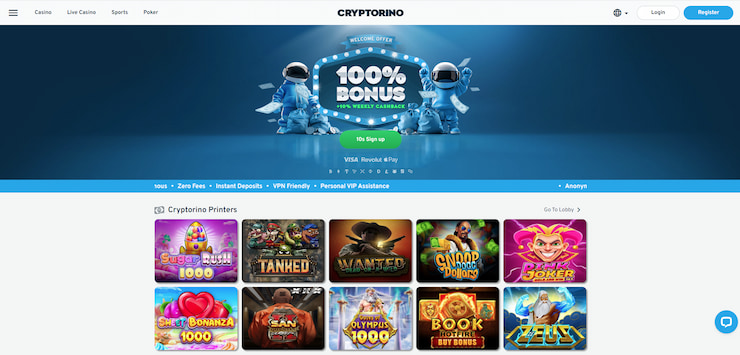 A screenshot of the Cryptorino casino page - a top Paypal Casino for UK players