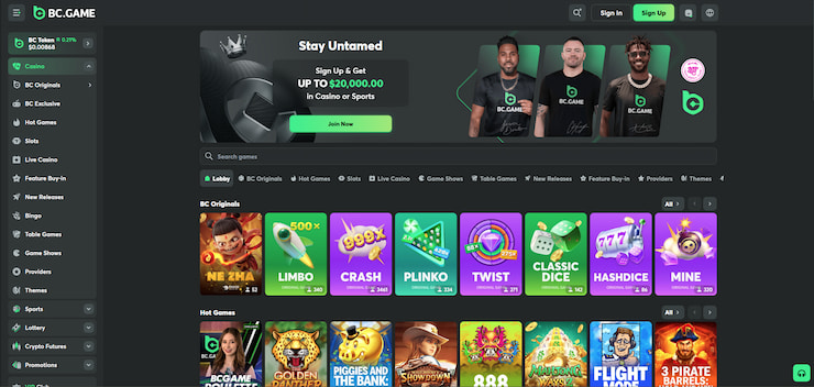 A snapshot of the BC.Game casino lobby.- a top Paypal Casino for UK players