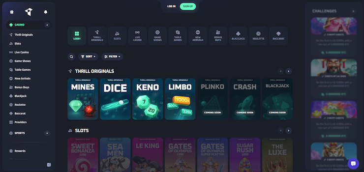 An image of the Thrill Casino site, showing original games - a top Paypal Casino for UK players