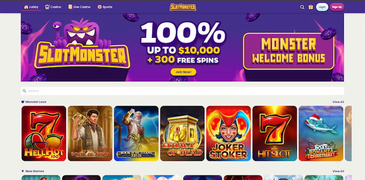 A screenshot of the homepage at SlotMonster, a popular casino for online live roulette in Australia.