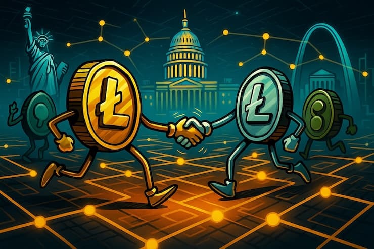 A snapshot of crypto coins showing payment methods at Inclave casinos on a blockchain grid with USA landmarks.