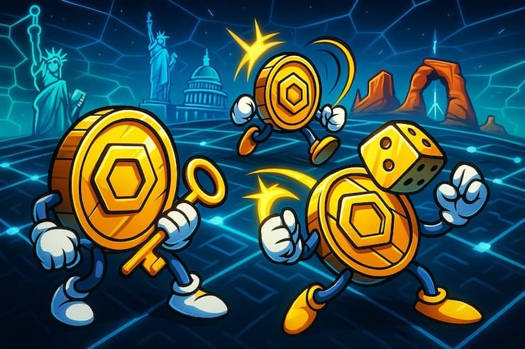A snapshot of anthropomorphic crypto coins symbolizing no deposit and free spins bonus codes at new Inclave casinos, set in a futuristic blockchain arena with glowing USA landmarks in the background