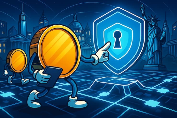 A futuristic digital illustration of Inclave casinos represented by anthropomorphic crypto tokens in a sci-fi blockchain arena, with glowing USA landmarks connected in the background.