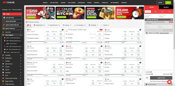 BetOnline Visa betting site dashboard featuring live odds, basketball and football lines – secure Visa Casinos platform
