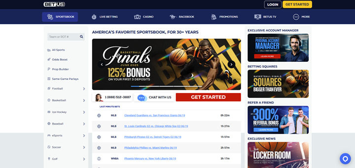 BetUS Visa sportsbook homepage with 125% welcome bonus and basketball finals promotion – reputable Visa Casinos brand 