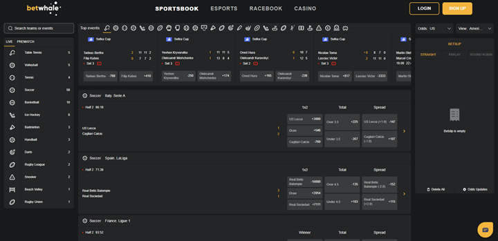 BetWhale Visa sportsbook platform showing soccer and tennis odds in dark mode – innovative Visa Casinos site