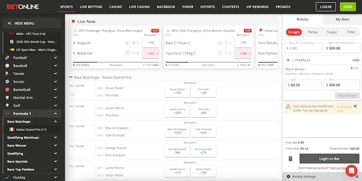 BetOnline, a top F1 betting sportsbook for US players