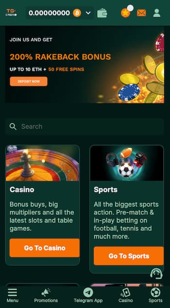 A snapshot of TG Casino, a top ETH Casino for US Players