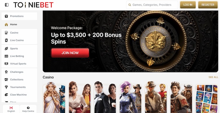 An image of Tooniebet CA slot casino, featuring their welcome package.