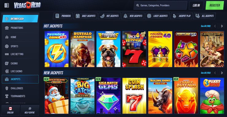A screenshot of the Vegas Hero jackpot CA slots selection.