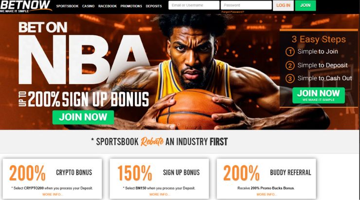 BetNow Visa sportsbook homepage with NBA promotion and 200% sign-up bonus – top Visa Casinos welcome offer