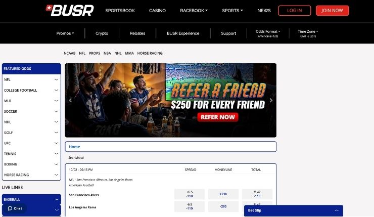 BUSR Visa sportsbook homepage with refer-a-friend bonus and NFL game odds – reliable Visa Casinos betting site