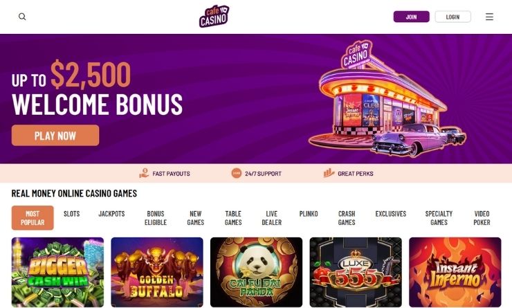 Cafe Casino Bonus Codes for welcome bonus and popular games on homepage