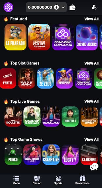 Casino app South Africa screenshot with featured slots and live games