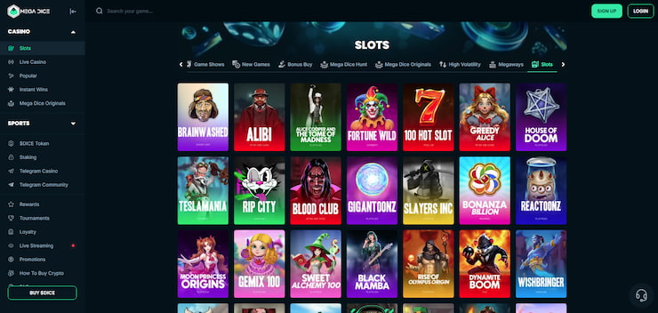The selection of online slots at Mega Dice Casino.