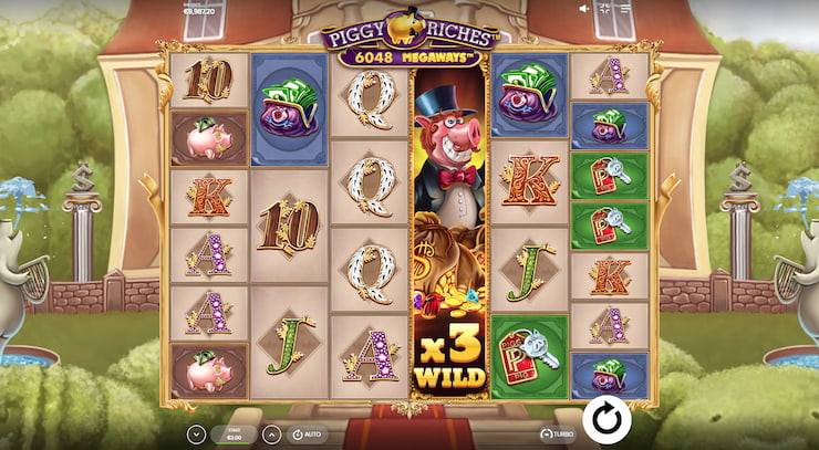 A snapshot of the wild symbols on the Piggy Riches Megaways reels.