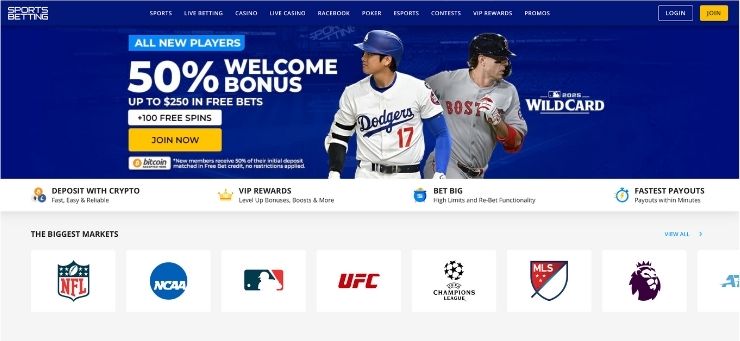 SportsBetting.ag Visa sportsbook homepage with 50% welcome bonus banner and popular sports leagues – trusted Visa Casinos site