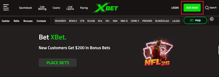 XBet Visa sportsbook interface highlighting Join Now button for new players – easy registration at Visa Casinos site