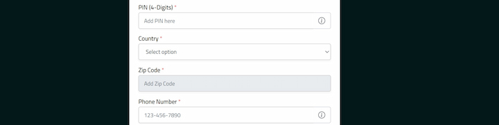 XBet Visa sportsbook registration form showing PIN, country, zip code, and phone fields – secure Visa Casinos sign-up process