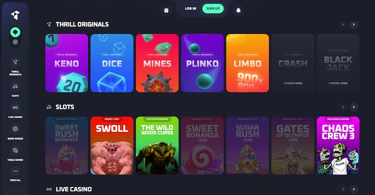 Thrill crypto casino lobby showing original games and BTC slots