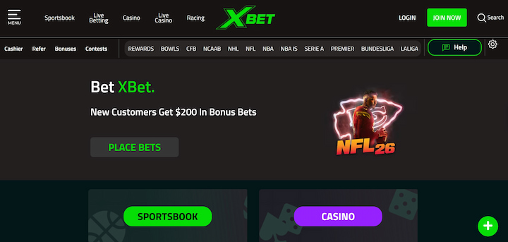 XBet Visa sports betting site featuring NFL bonus offer and sportsbook interface – popular Visa Casinos platform