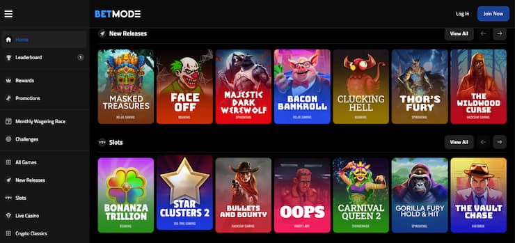 BetMode crypto casino homepage showing new slot releases and popular BTC games