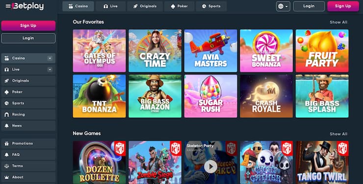 BetPlay crypto casino homepage with popular BTC slots and live games