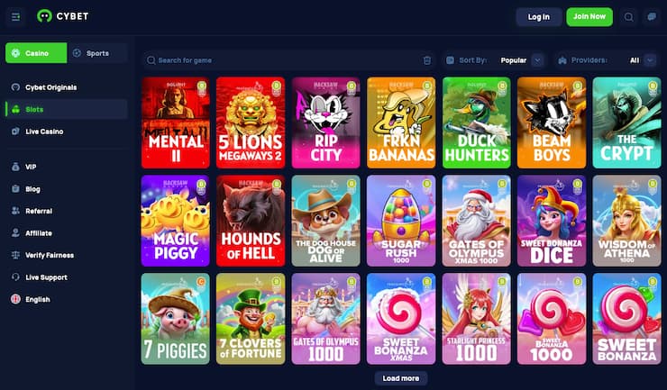 Cybet crypto casino showcasing popular BTC slot games and live options