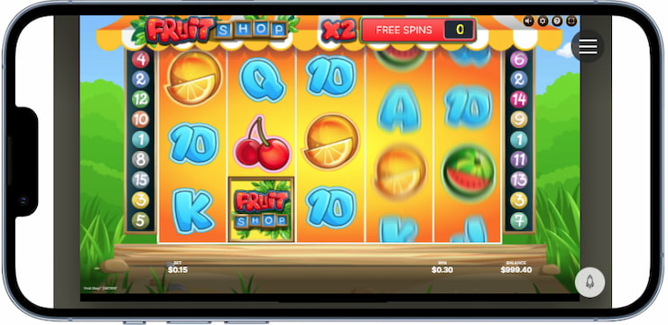 A mobile screenshot of the Fruit Shop slot.