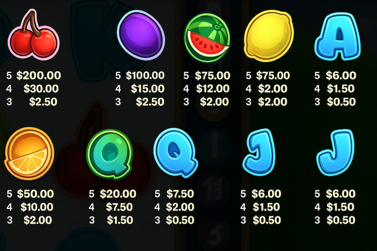 A snapshot of the Fruit Shop paytable.