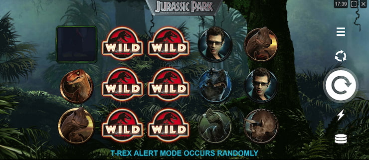 A screenshot of the Jurassic Park slot game with several wild symbols.