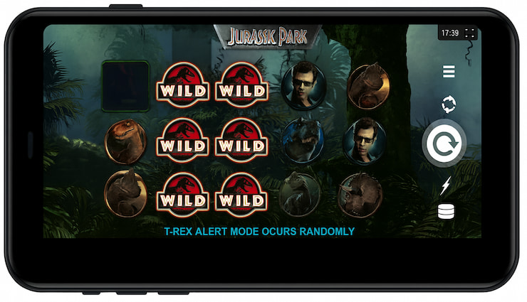 A mobile screenshot of the Jurassic Park online slot.