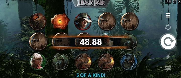 A five-of-a-kind win on the Jurassic Park online slot.