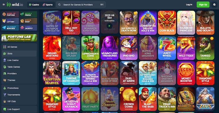 Wild.io crypto casino homepage featuring top BTC slots and live games