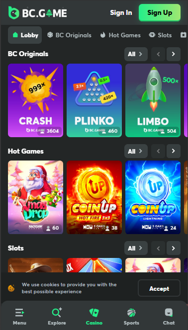 BC.game homepage showing the list of games