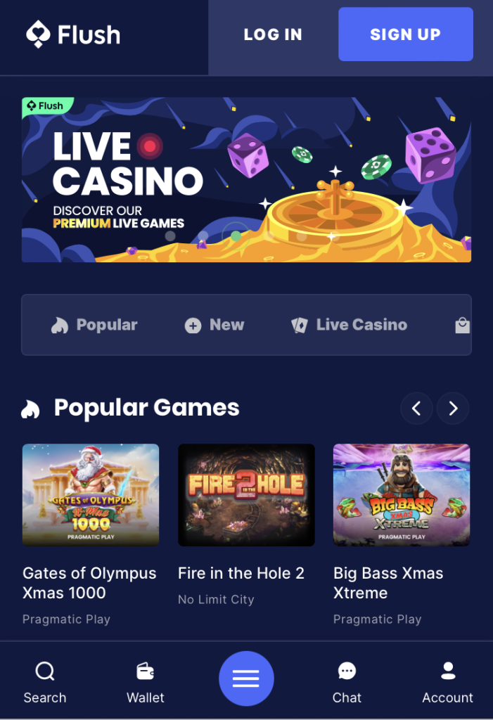 Flush casino mobile view.