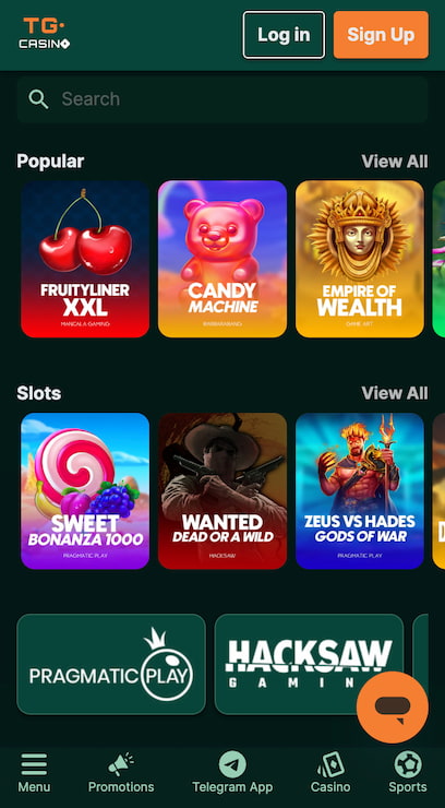 TG Casino crypto casino homepage