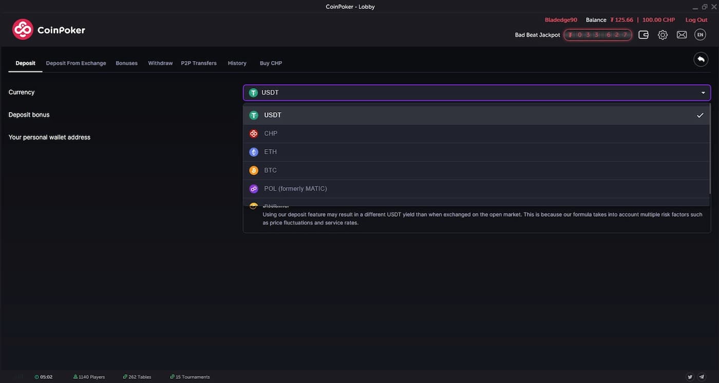 CoinPoker's cashier page showing cryptocurrency deposit methods: USDT, BTC, ETH, CHP, and POL - for its online poker site.