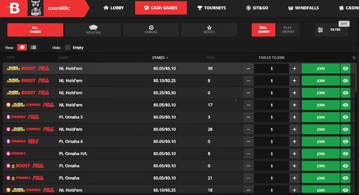 A snapshot of BetOnline bitcoin poker with Omaha, Stud and Boost games