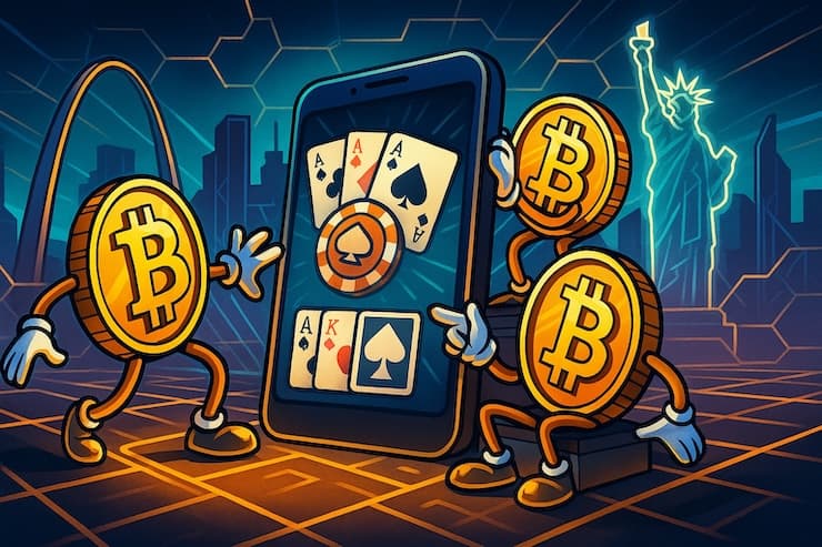 A snapshot of best mobile apps for bitcoin poker with crypto coin characters playing on a smartphone in a futuristic arena