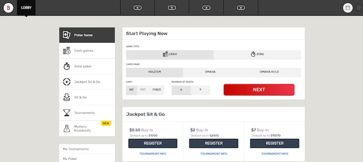 A snapshot of Bovada bitcoin poker site with Jackpot Sit & Gos and Zone Poker