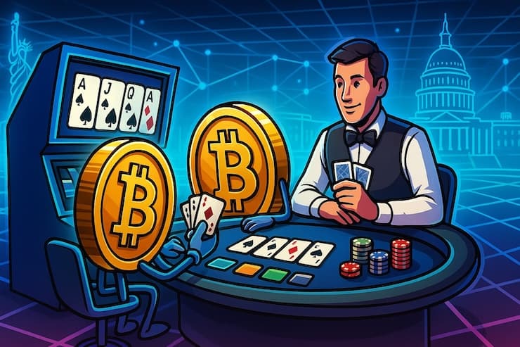 A snapshot of bitcoin video poker vs live casino poker in a futuristic arena