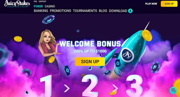 A snapshot of Juicy Stakes bitcoin poker room with frequent reload bonuses