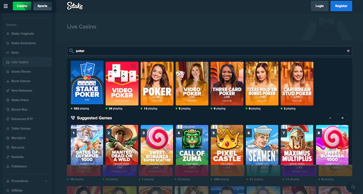 A snapshot of Stake.us bitcoin poker and sportsbook with instant withdrawals