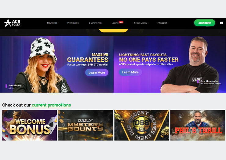 acr eth poker site with poker professionals and promotions on homepage