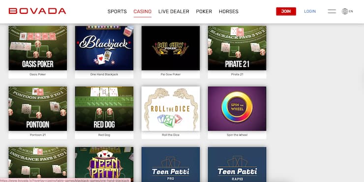 A screenshot of the video poker games at Bovada Casino